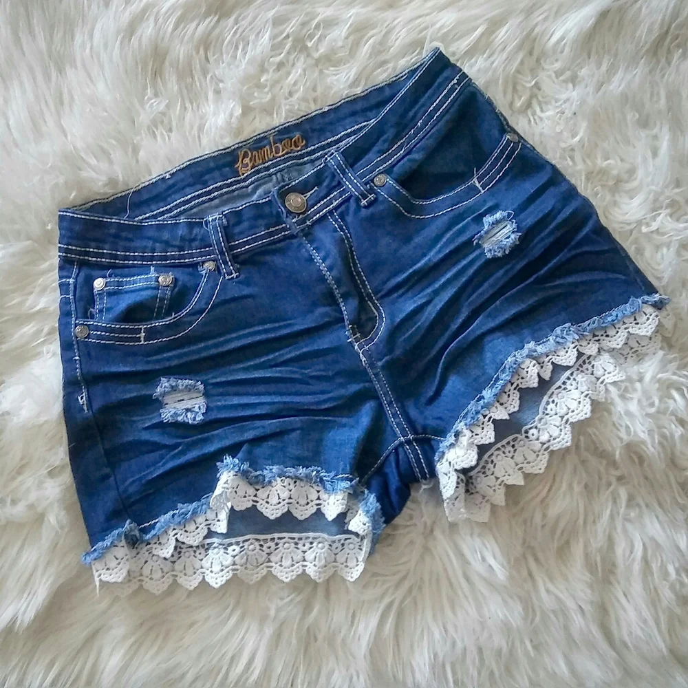 Bamboo Lace Trim Denim Shorts